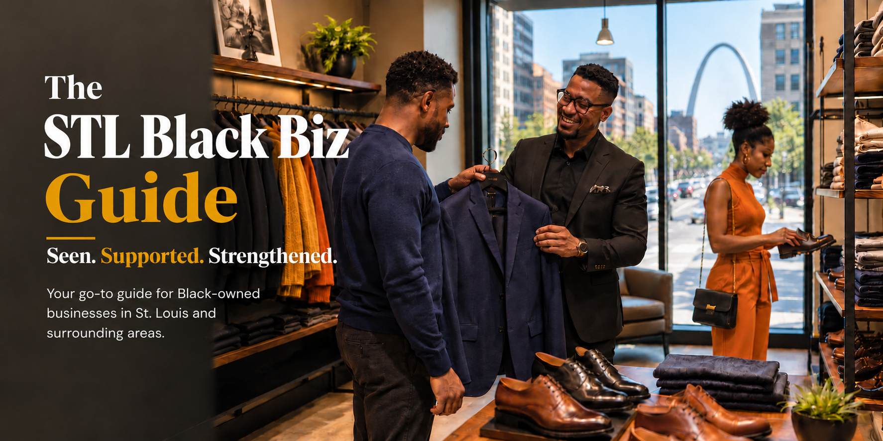 Business owner helping customer to choose a blue blazer in a men's clothing store.
